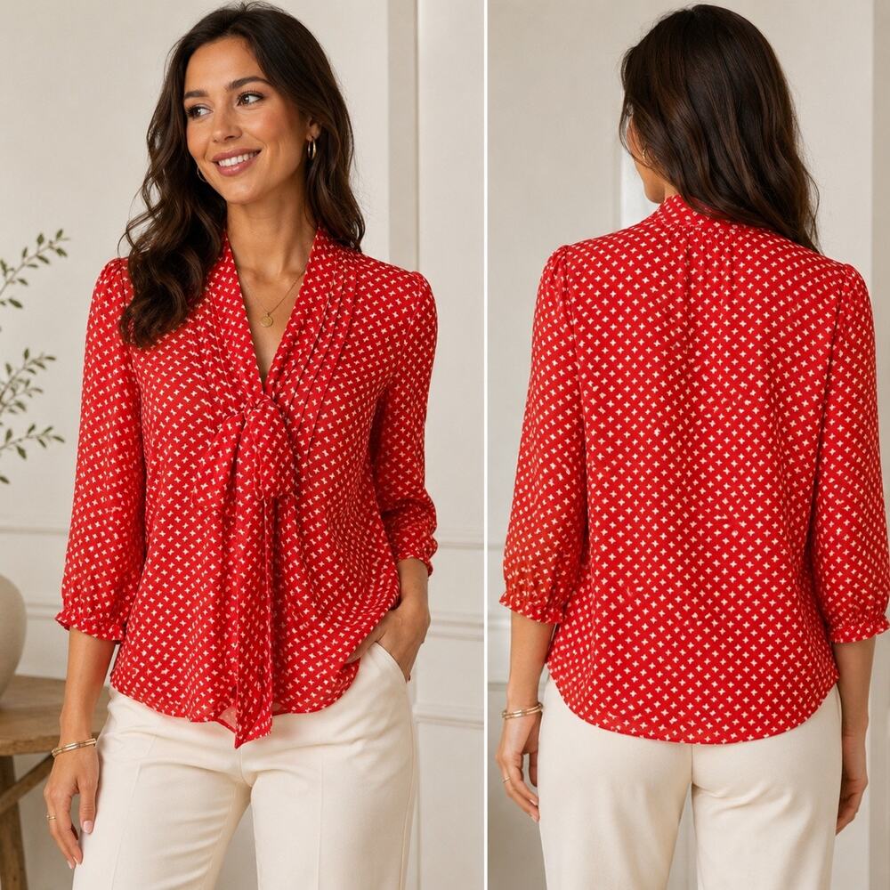 Urban Outfitters Pins & Needles Women's Red Bow Print Tie Front Blouse Size Med